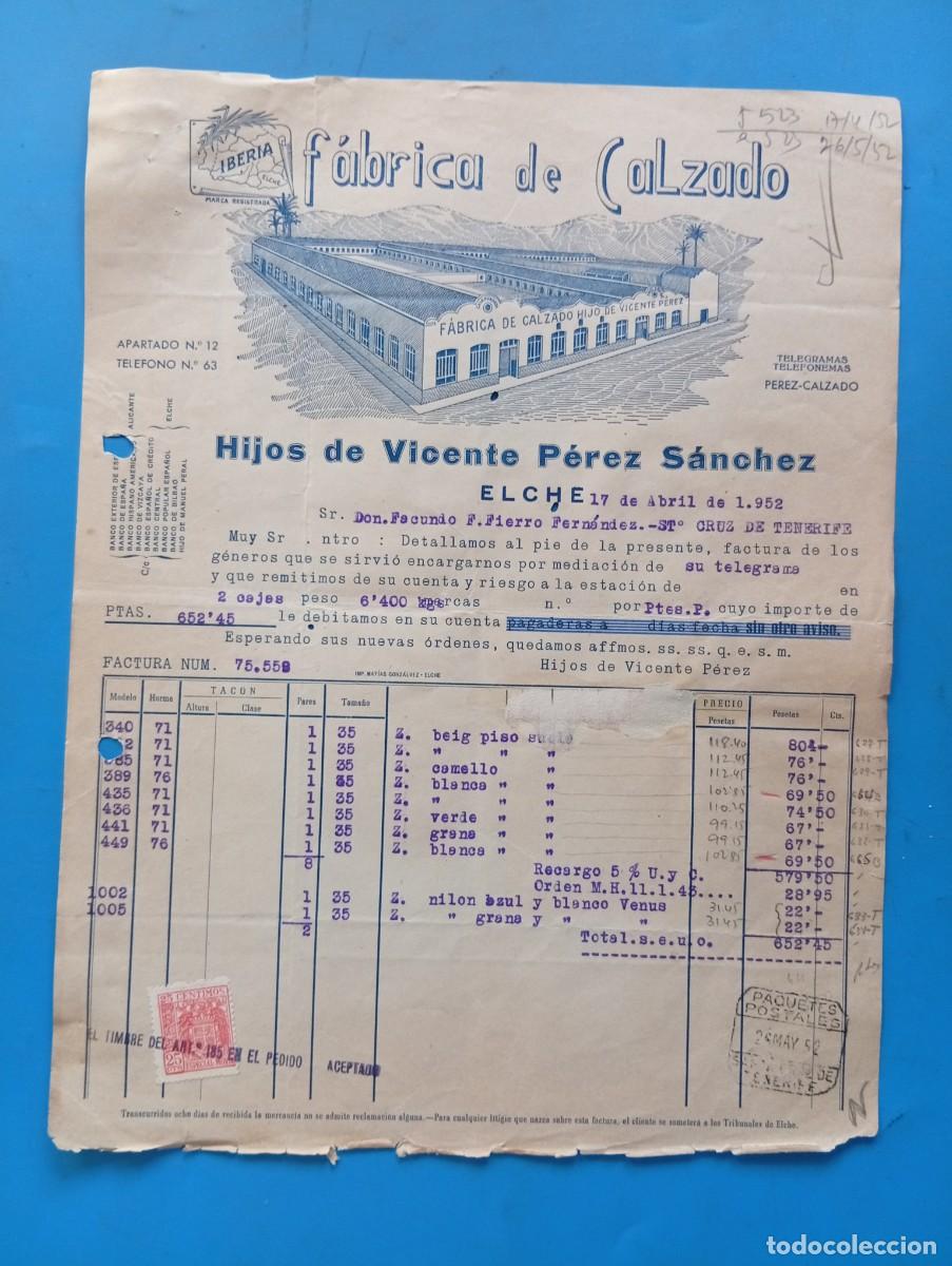 Facturas antiguas: FACTURA. ELCHE, ALICANTE. 1952. FABRICA DE CALZADO. HIJOS DE VICENTE PEREZ SANCHEZ.