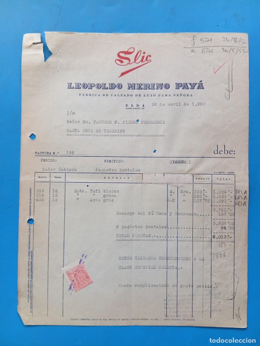 Facturas antiguas: FACTURA. ELDA, ALICANTE. 1952. FABRICA DE CALZADO DE LUJO PARA SE&Ntilde;ORA. SLIC. LEOPOLDO MERINO PAYA.