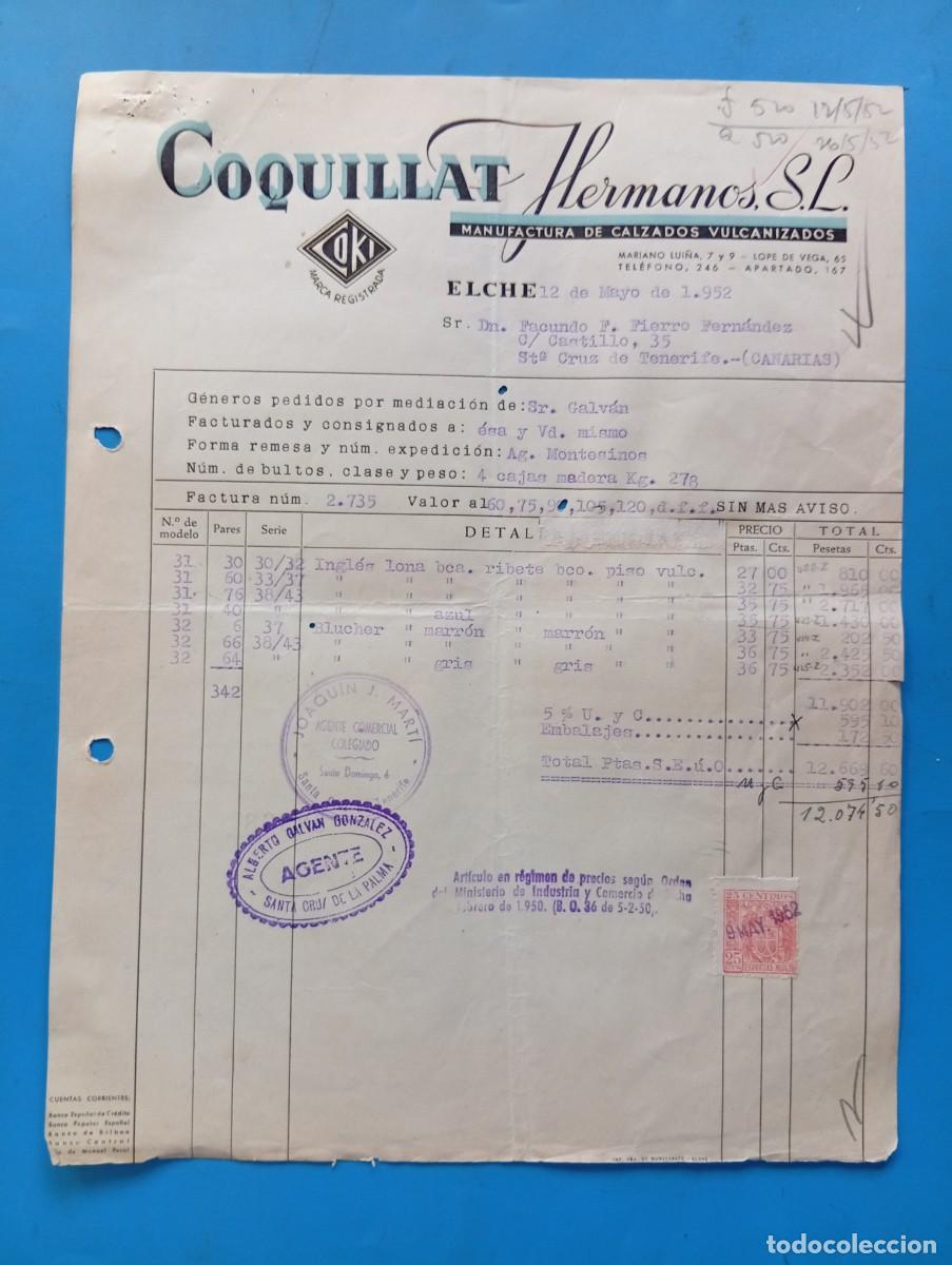 Facturas antiguas: FACTURA. ELCHE, ALICANTE. 1952. MANUFACTURA DE CALZADOS VULCANIZADOS. COQUILLAT HERMANOS, S.L.