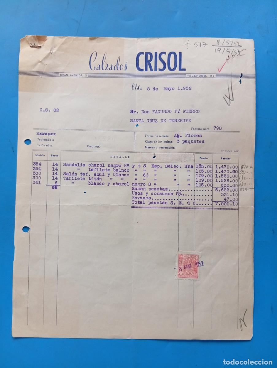 Facturas antiguas: FACTURA. ELDA, ALICANTE. 1952. CALZADOS CRISOL.
