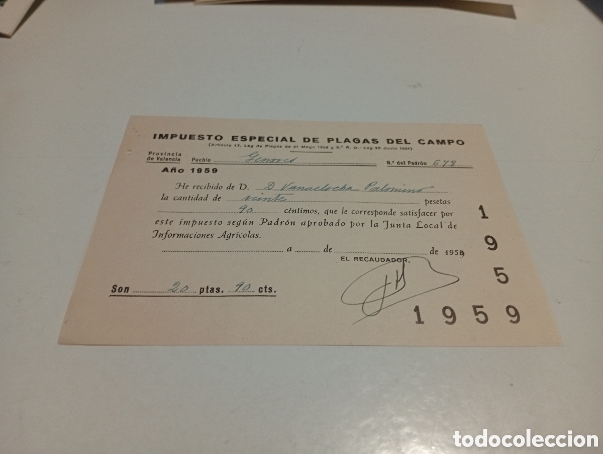 Facturas antiguas: Impuesto especial de plagas del campo, Genov&eacute;s 1959