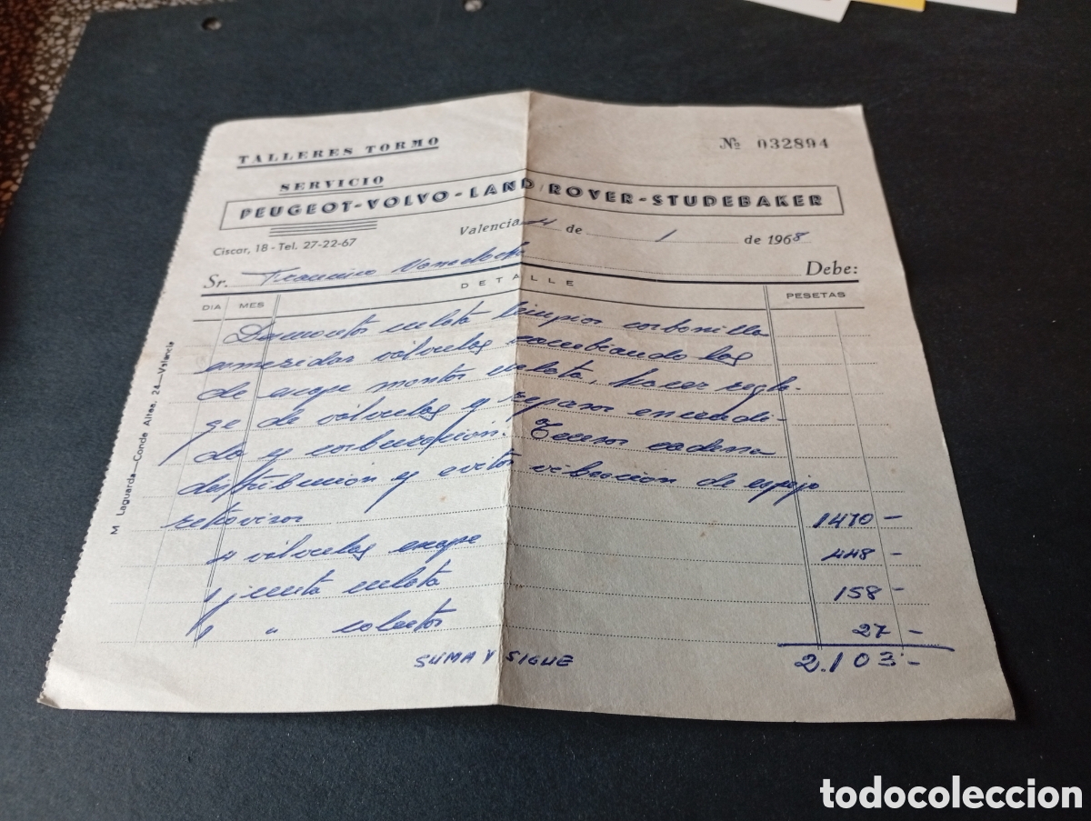Facturas antiguas: Factura talleres tormo, Peugeot, Volvo,Land Rover,Studebaker