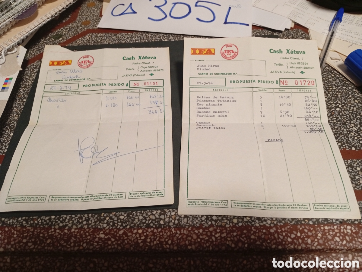 Facturas antiguas: Factura de compra IFA Cash Xateva, J&aacute;tiva 1974
