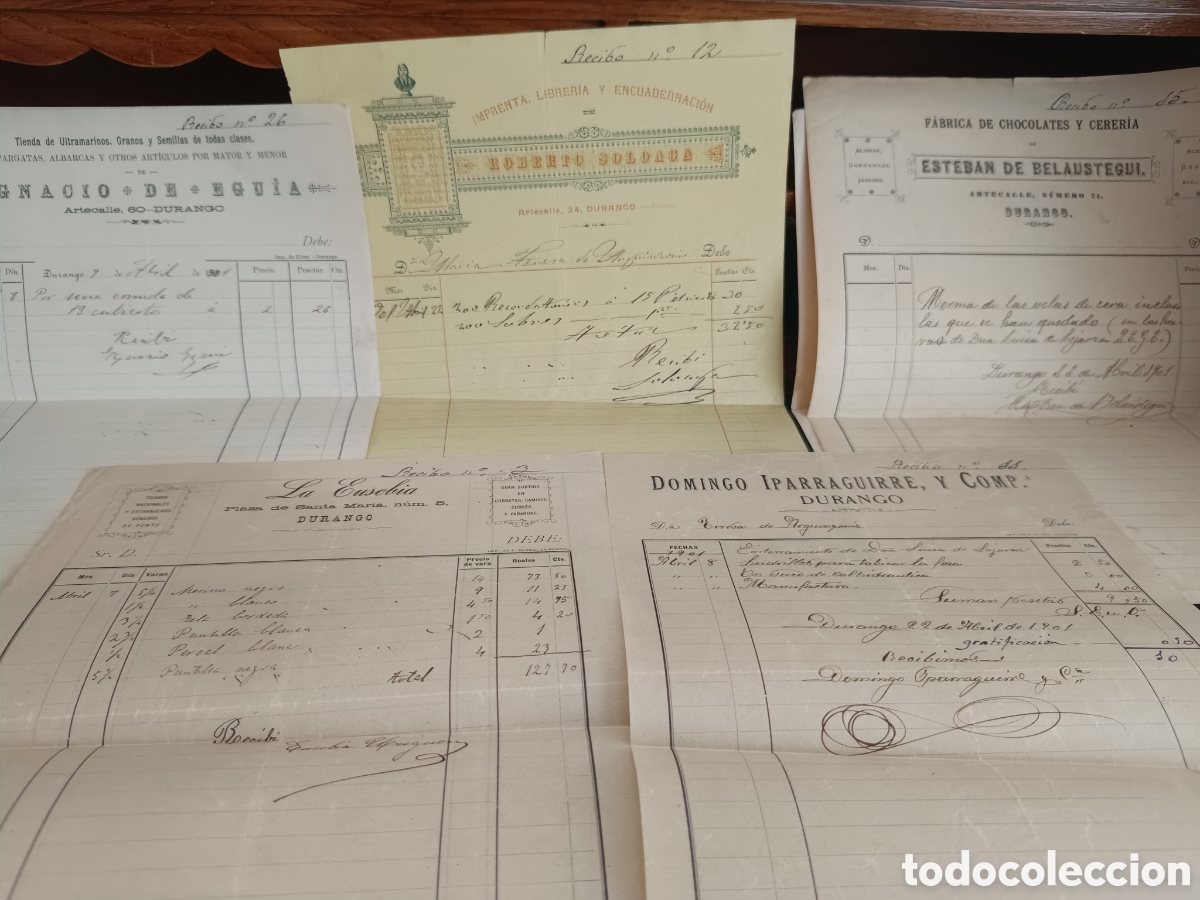 Facturas antiguas: LOTE DE 7 FACTURAS DURANGO VIZCAYA 1901 GASTOS FUNERAL LUISA DE LEJARZA, COMERCIOS ANTIGUOS