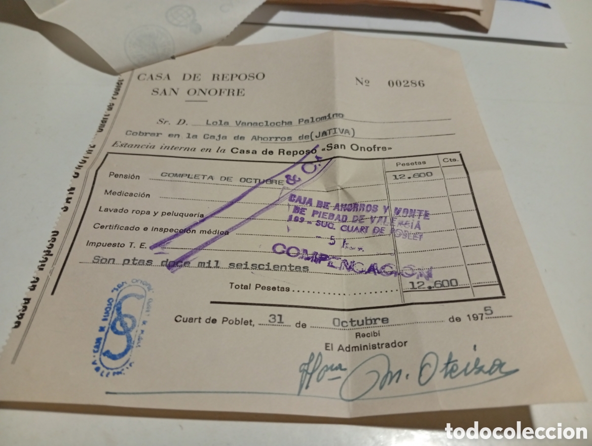 Facturas antiguas: Factura Casa de Reposo San Onofre,Cuart de Poblet 1975