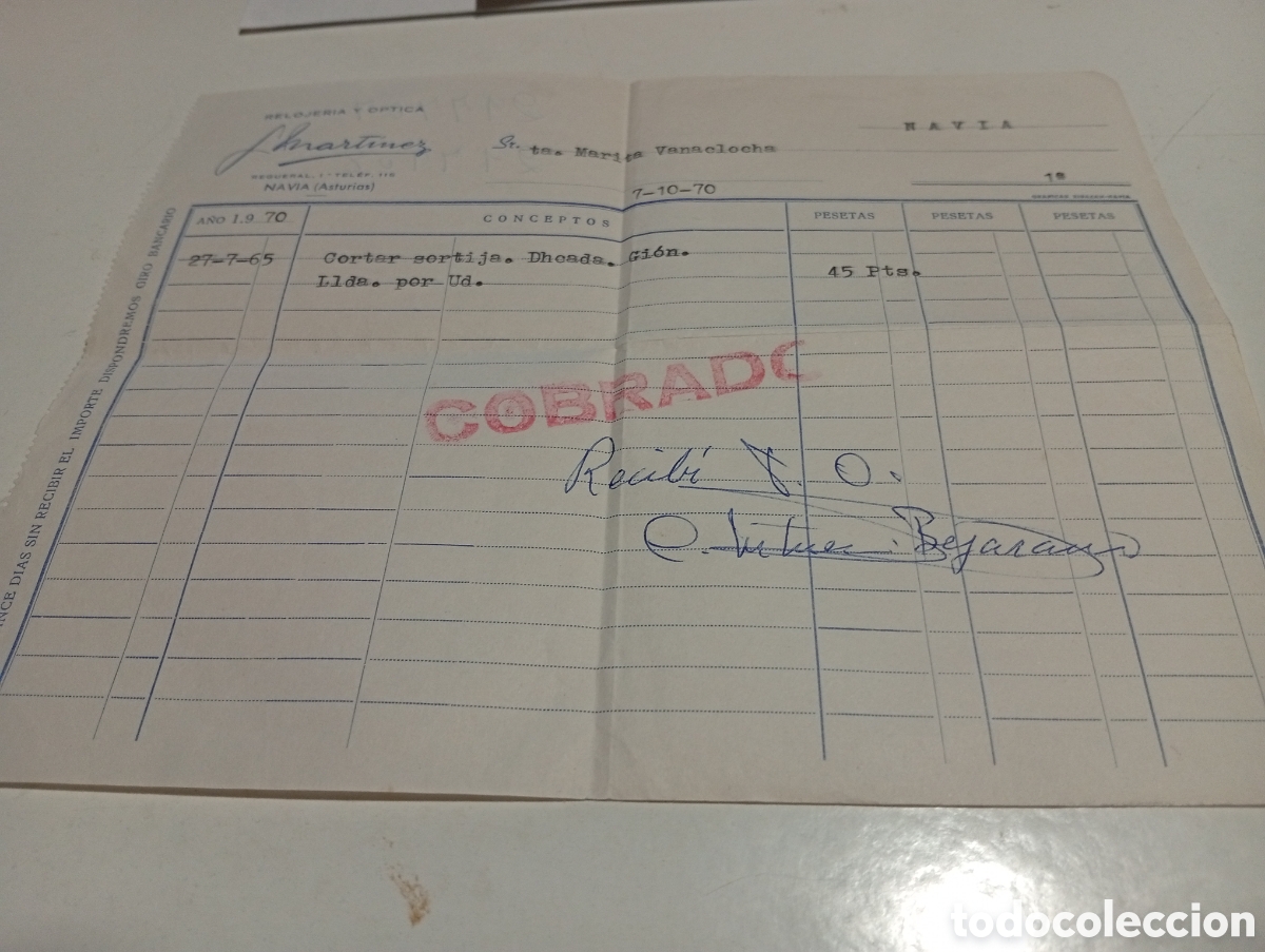 Facturas antiguas: Factura relojer&iacute;a y &oacute;ptica J.Martinez, Navia Asturias 1970