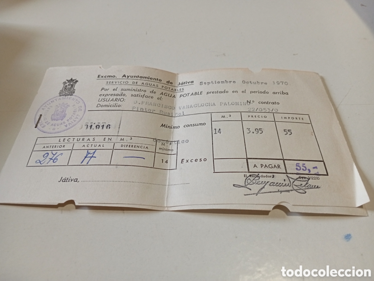 Facturas antiguas: Recibos suministro de Agua potable, ayuntamiento de J&Aacute;TIVA 1970