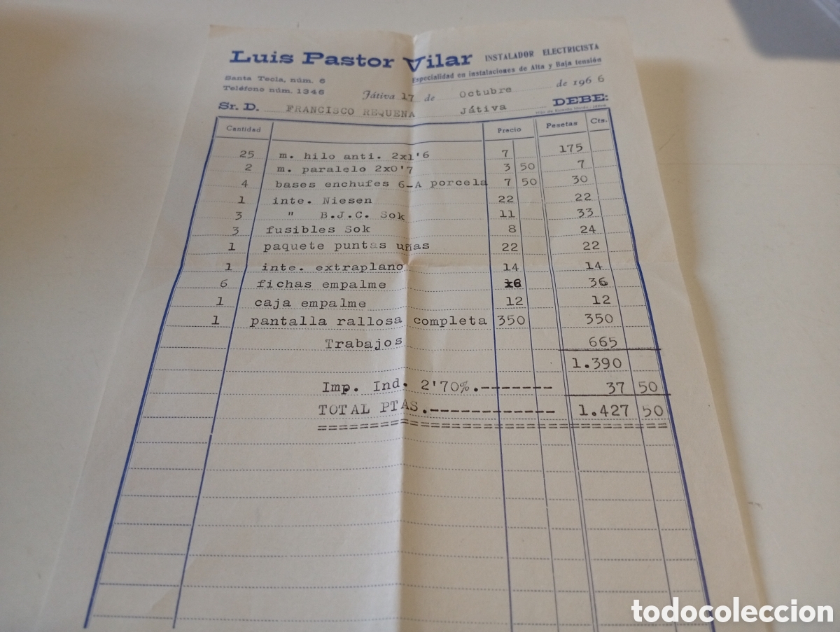Facturas antiguas: Factura Luis pastor Vilar,instalador electricista de J&Aacute;TIVA