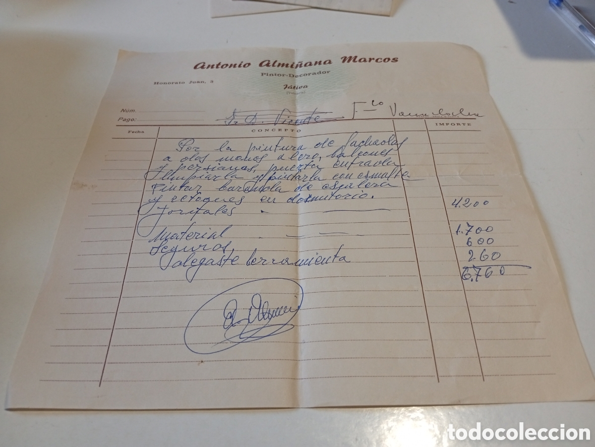 Facturas antiguas: Factura Antonio Almi&ntilde;ana Marcos, Pintor decorador de J&Aacute;TIVA