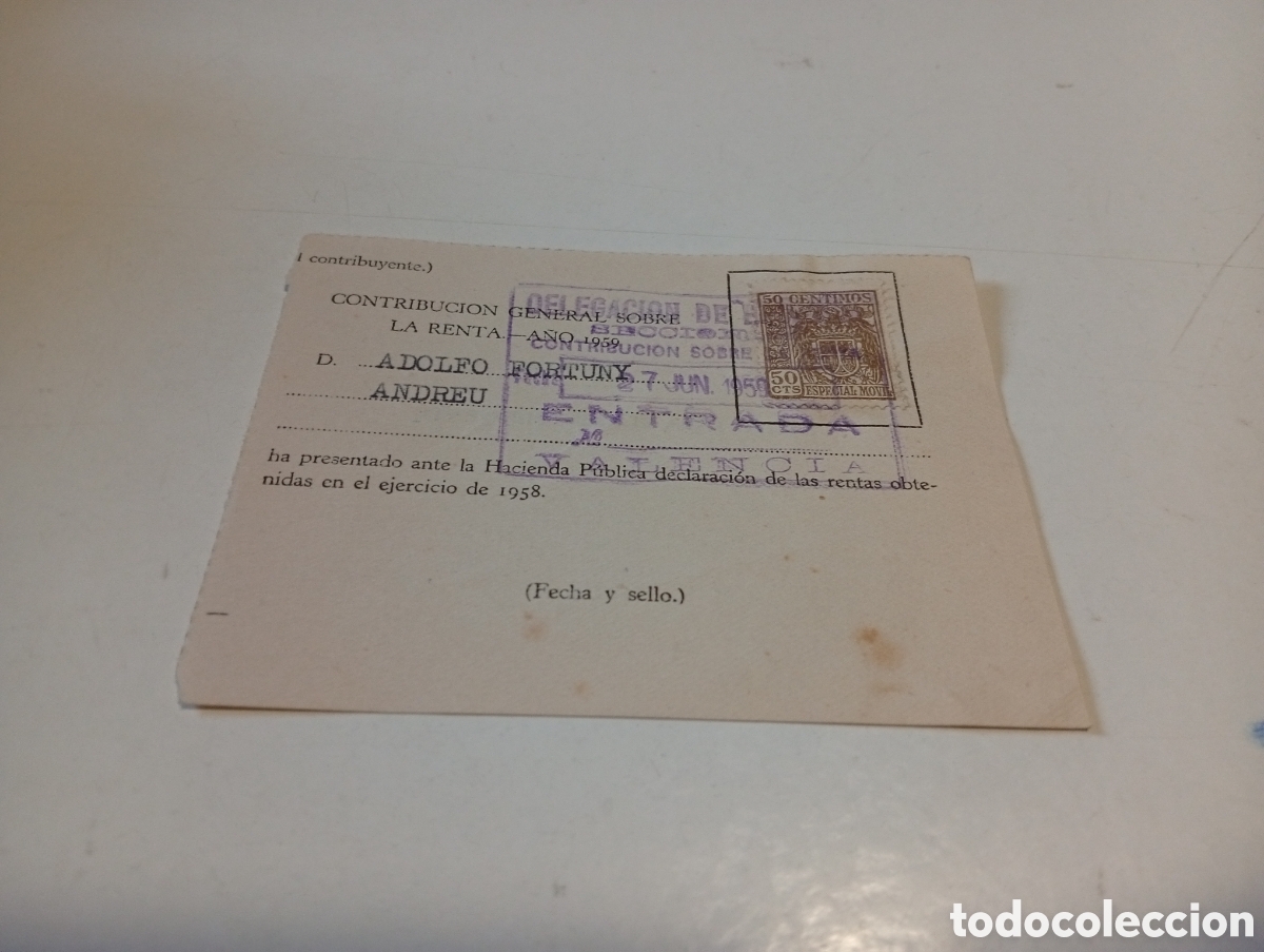 Facturas antiguas: Recibo para el contribuyente Valencia 1959