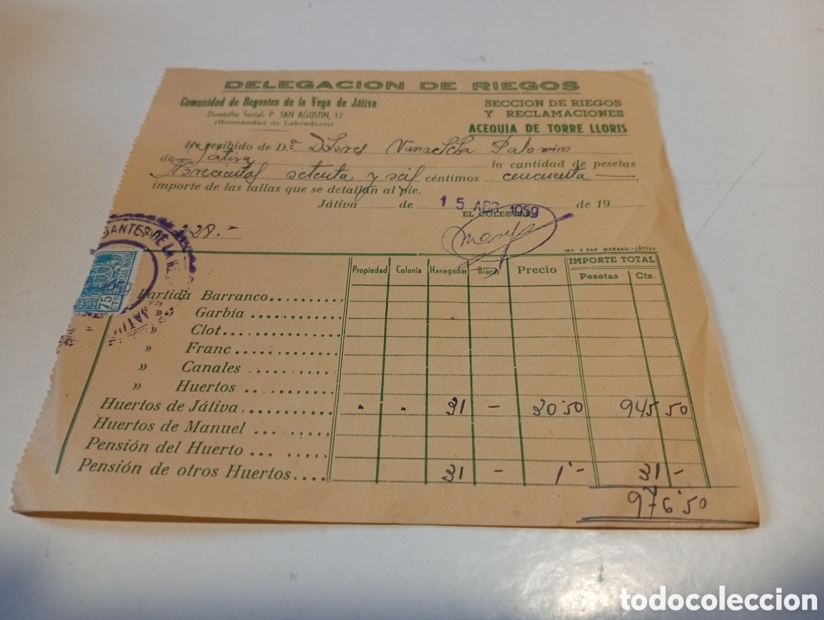Facturas antiguas: Factura delegaci&oacute;n de Riegos, comunidad de Regantes de la Vega de J&aacute;tiva