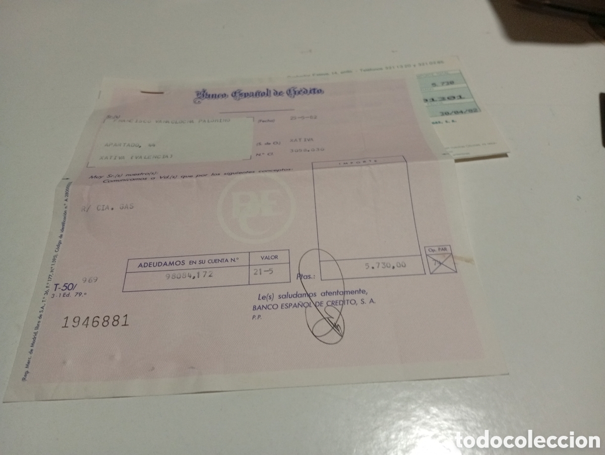 Facturas antiguas: Recibo ce-gas banco Espa&ntilde;ol de Cr&eacute;dito, XATIVA