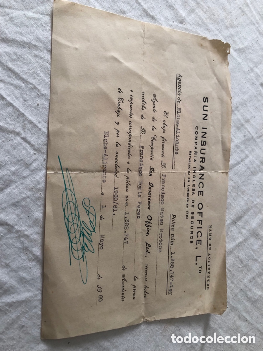 Facturas antiguas: Recibo de prima de seguro de 1960
