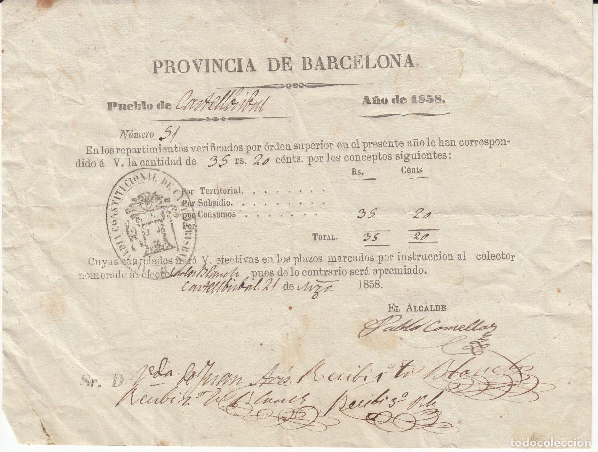 Facturas antiguas: 1858 - CASTELLBISBAL - RECIBO DE IMPUESTOS