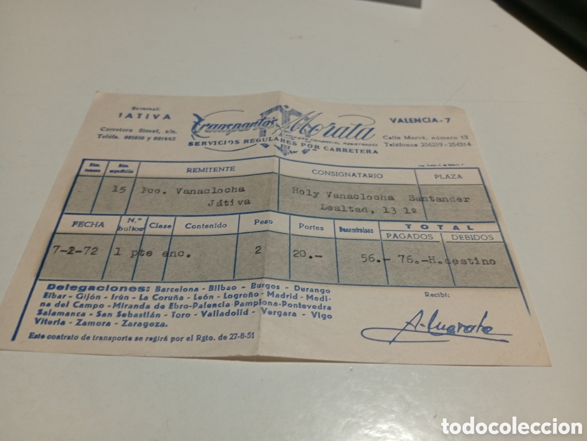 Facturas antiguas: Recibo transportes Morata, sucursal J&Aacute;TIVA 1972