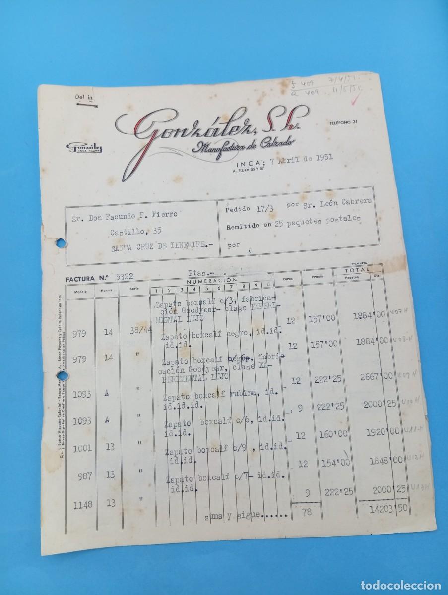 Facturas antiguas: FACTURA. INCA, MALLORCA. 1951. MANUFACTURA DE CALZADO. GONZALEZ S.L. 2 HOJAS.
