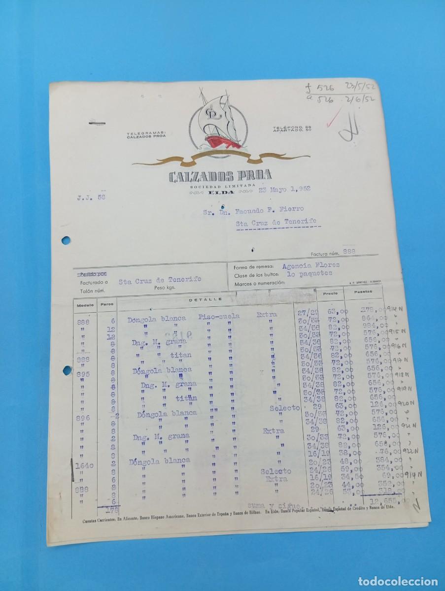 Facturas antiguas: FACTURA. ELDA, ALICANTE. 1952. CALZADOS PROA, S.A. 2 HOJAS.