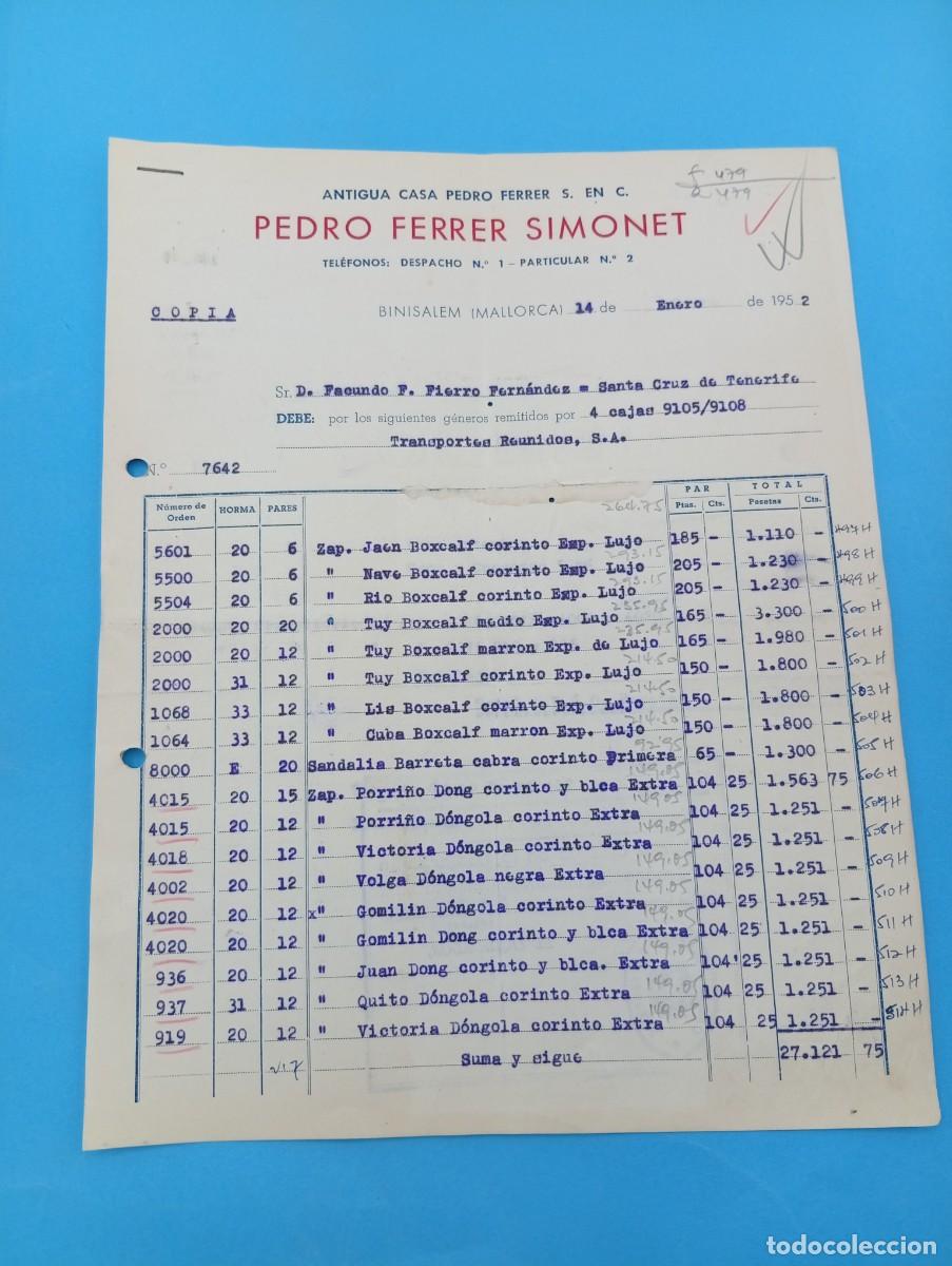 Facturas antiguas: FACTURA. BENISALEM, MALLORCA. 1952. ANTIGUA CASA PEDRO FERRER. PEDRO FERRER SIMONET. 2 HOJAS.