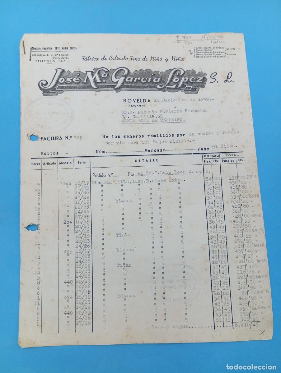 Facturas antiguas: FACTURA. NOVELDA, ALICANTE. 1949. FABRICA DE CALZADO FINO DE NI&Ntilde;O Y NI&Ntilde;A. JOSE M&ordf;. GARCIA LOPEZ, S.