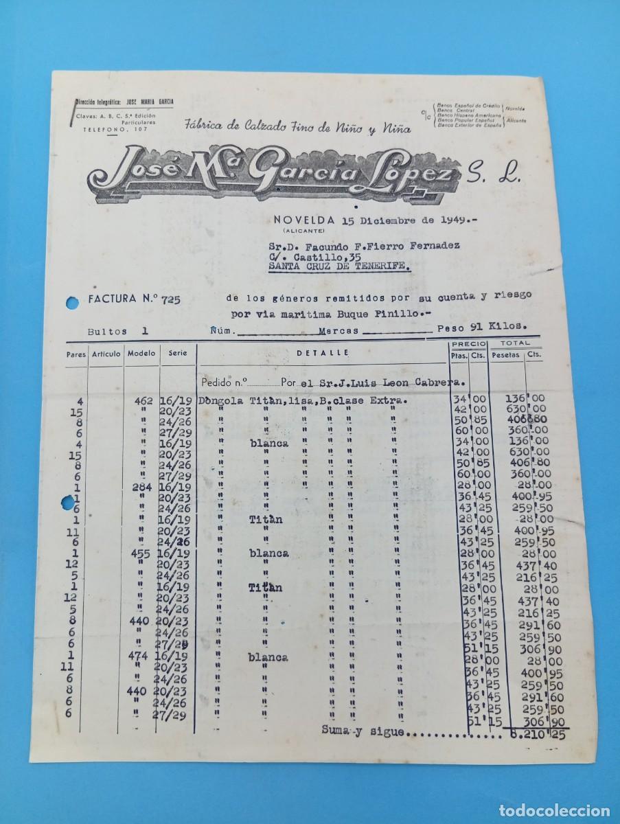 Facturas antiguas: FACTURA. NOVELDA, ALICANTE. 1949. FABRICA DE CALZADO FINO DE NI&Ntilde;O Y NI&Ntilde;A. JOSE M&ordf;. GARCIA LOPEZ, S.