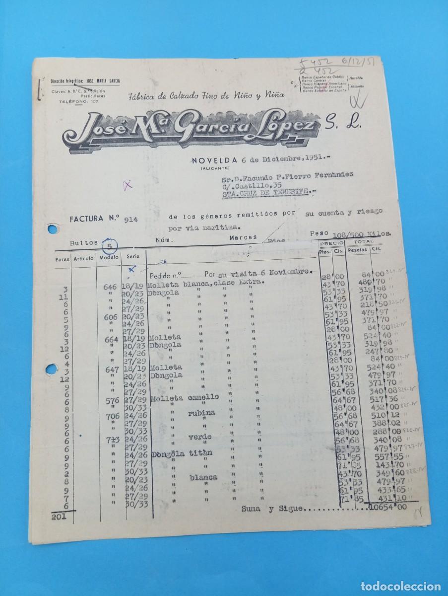 Facturas antiguas: FACTURA. NOVELDA, ALICANTE. 1951. FABRICA DE CALZADO FINO DE NI&Ntilde;O Y NI&Ntilde;A. JOSE M&ordf;. GARCIA LOPEZ, S.