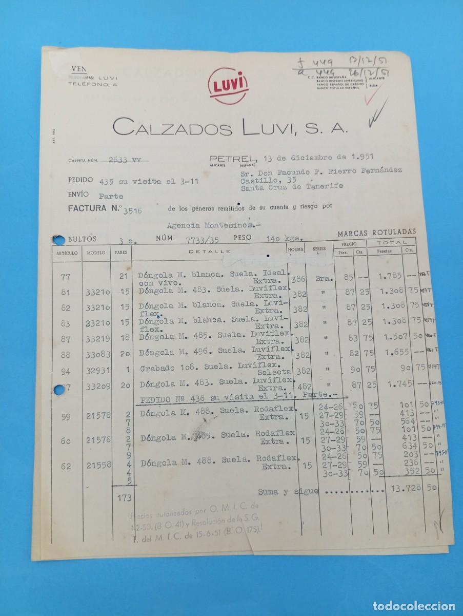 Facturas antiguas: FACTURA. PETREL, ALICANTE. 1951. LUVI. CALZADOS LUVI, S. A. 2 HOJAS.