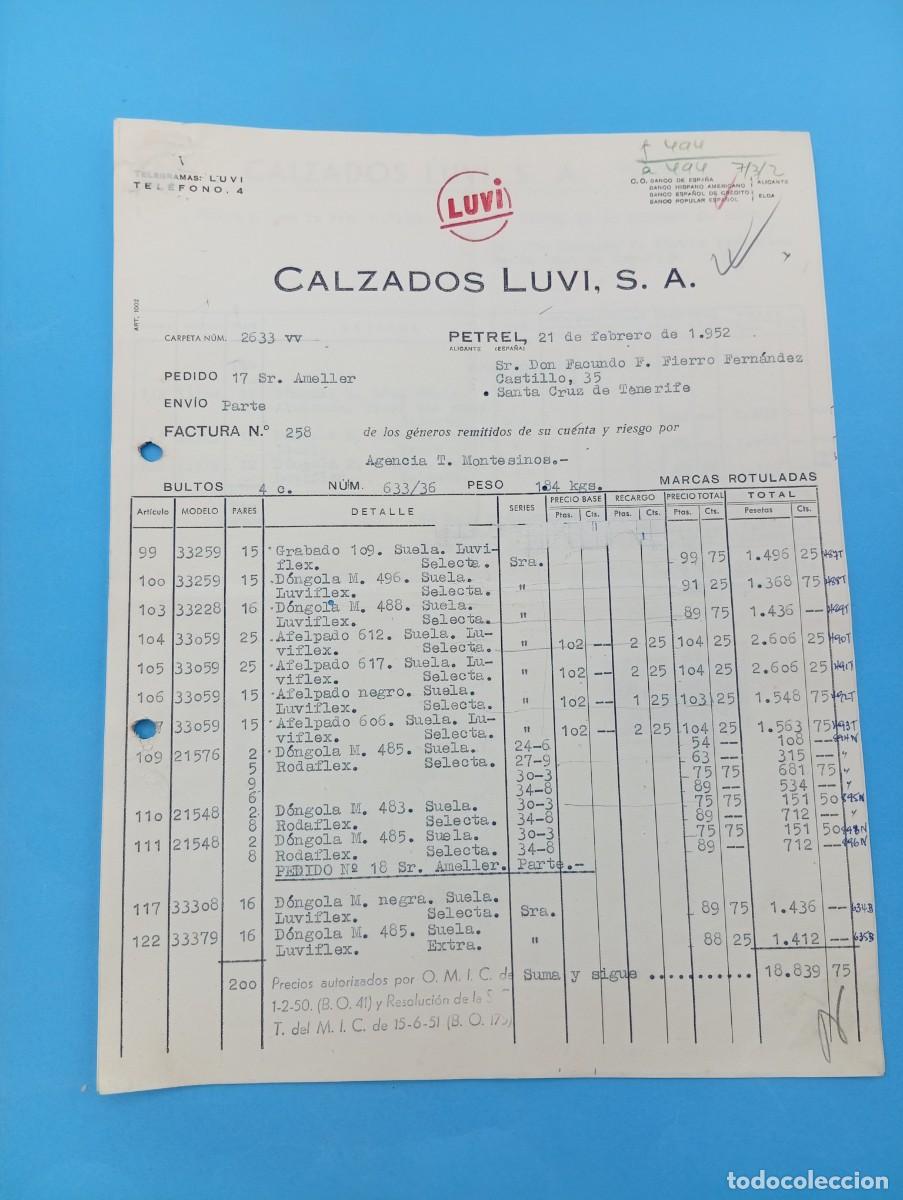 Facturas antiguas: FACTURA. PETREL, ALICANTE. 1952. LUVI. CALZADOS LUVI, S. A. 2 HOJAS.