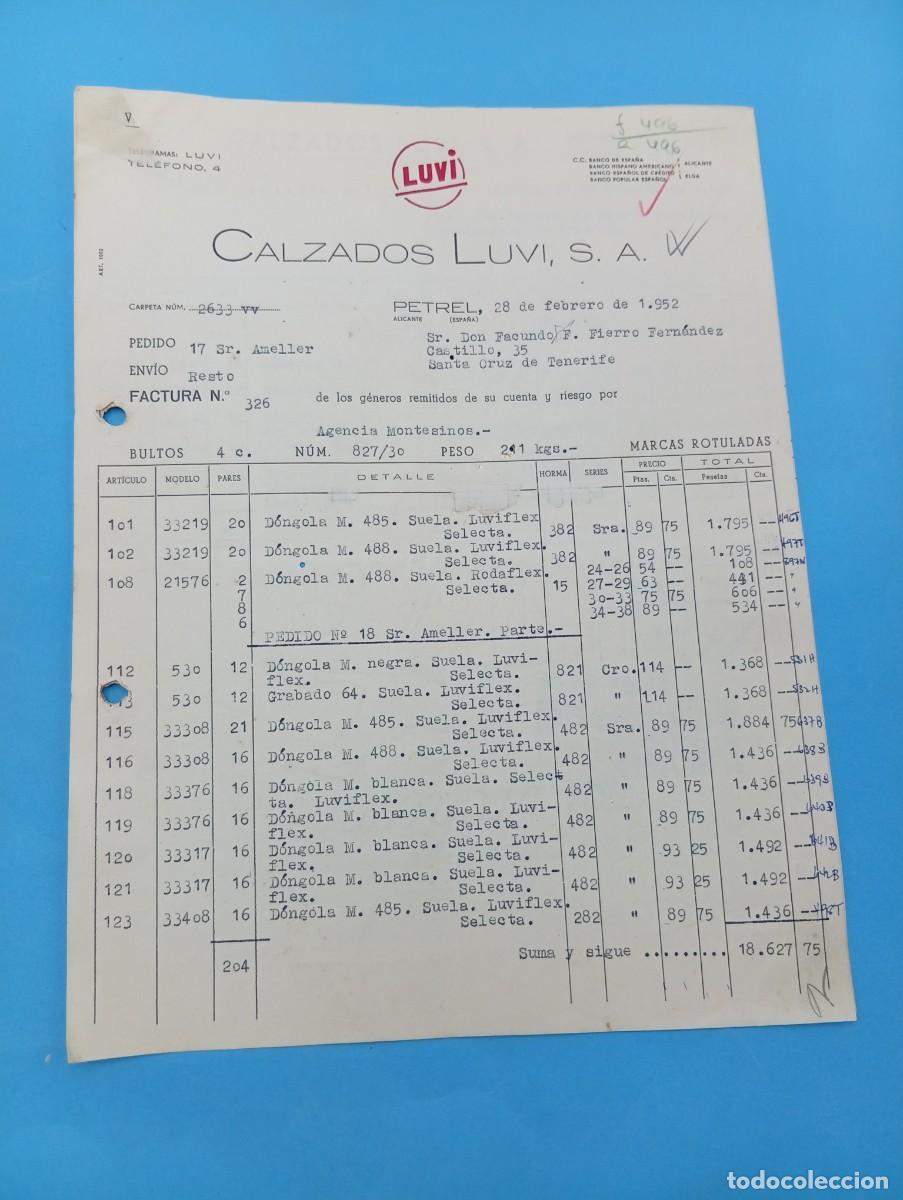 Facturas antiguas: FACTURA. PETREL, ALICANTE. 1952. LUVI. CALZADOS LUVI, S. A. 2 HOJAS.