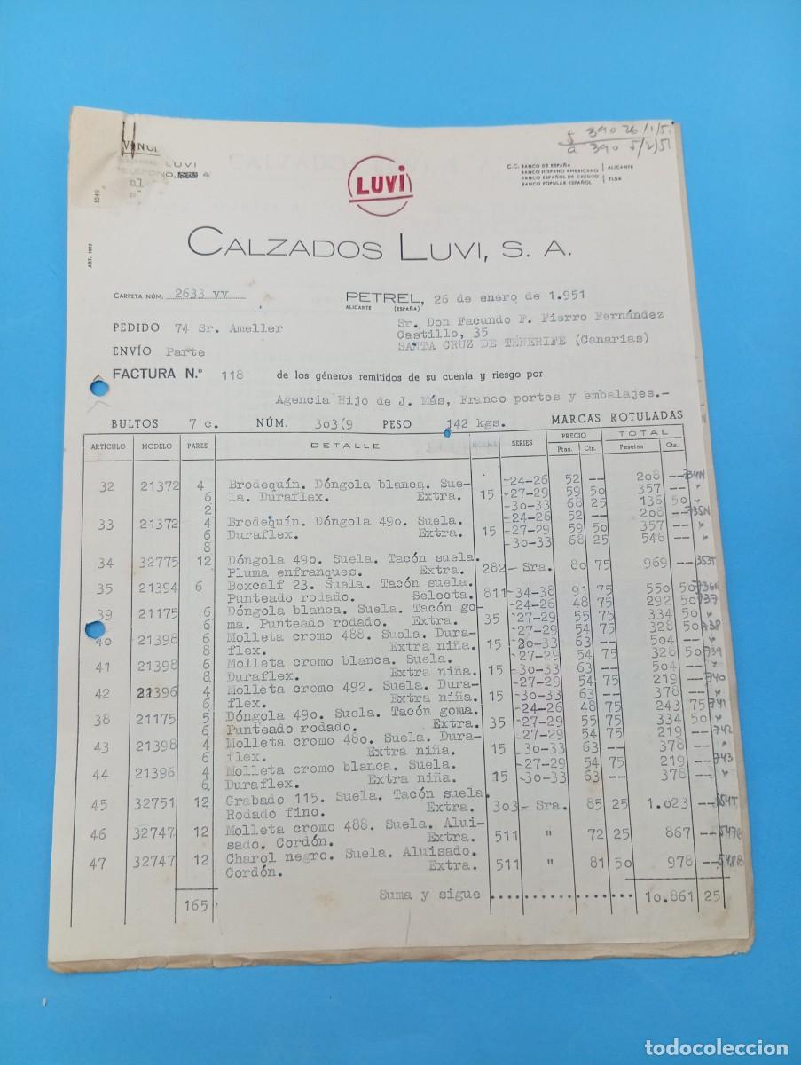 Facturas antiguas: FACTURA. PETREL, ALICANTE. 1951. LUVI. CALZADOS LUVI, S. A. 2 HOJAS.