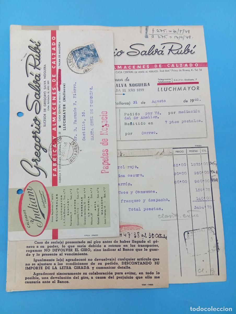 Facturas antiguas: FACTURA. LLUCHMAYOR, MALLORCA. 1948. FABRICA Y ALMACENES DE CALZADO. GREGORIO SALVA RUBI. INDIAM.