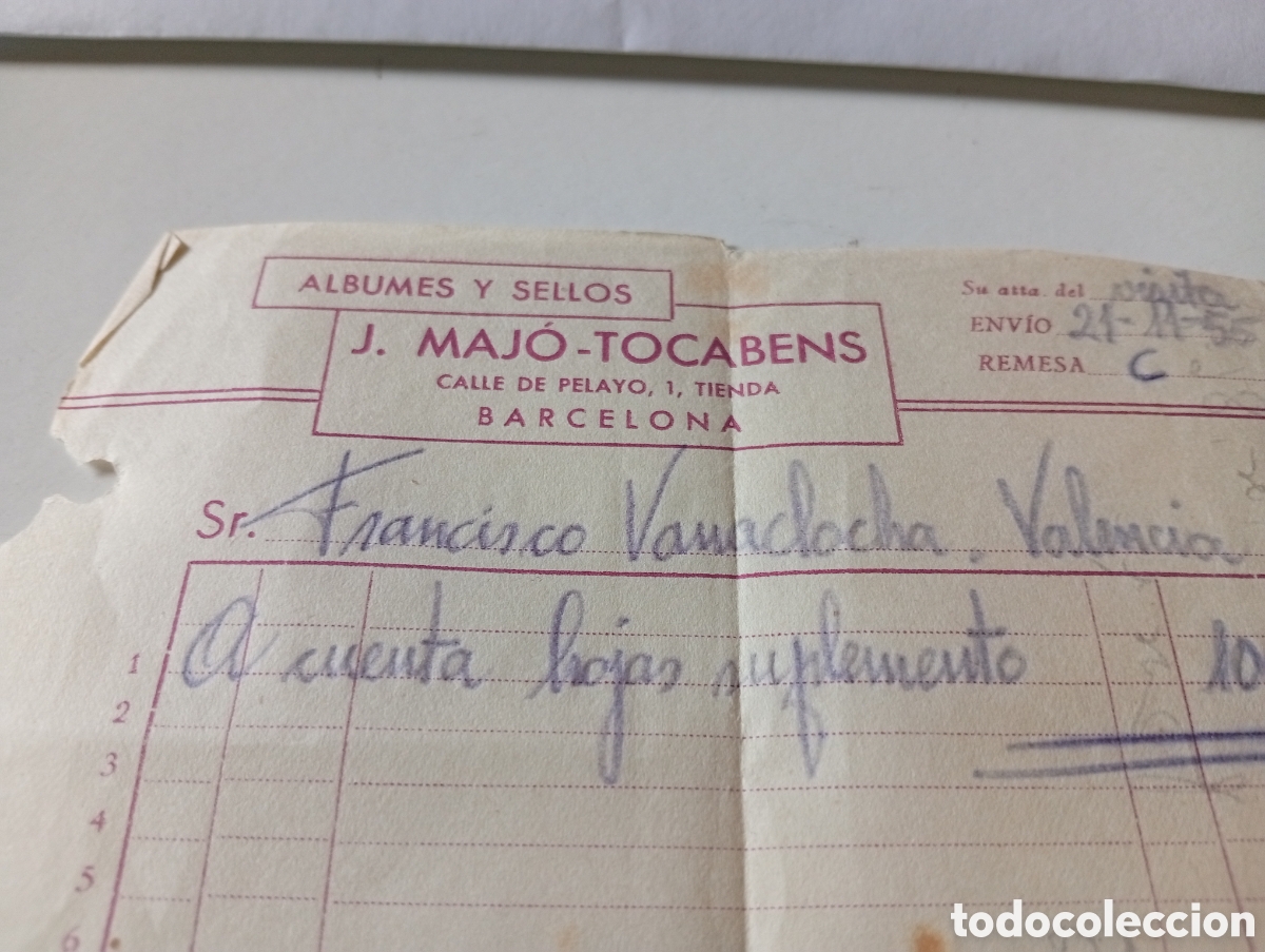 Facturas antiguas: Factura &aacute;lbumes y sellos J.Majo -Tocabens, Barcelona 1956