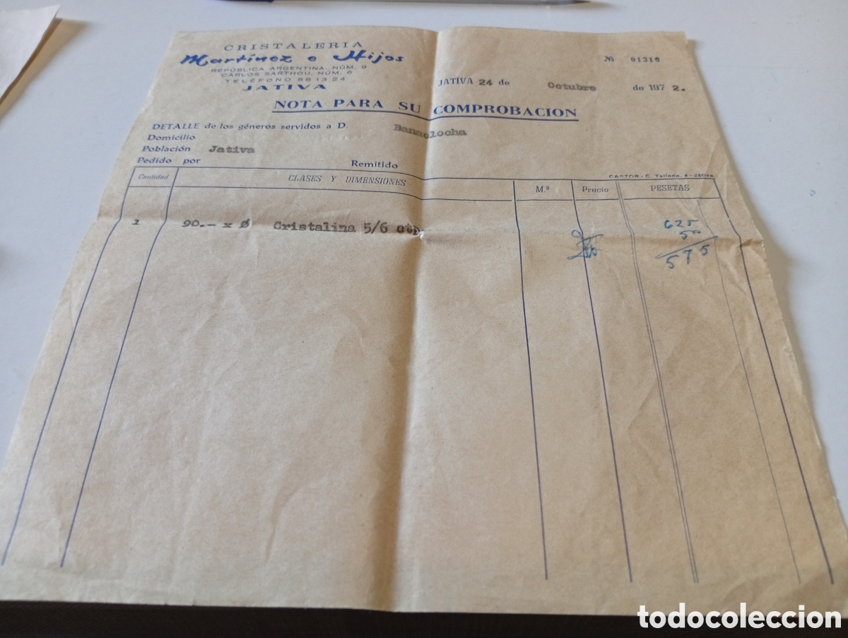 Facturas antiguas: Factura cristaler&iacute;a Mart&iacute;nez e Hijos, J&aacute;tiva 1972
