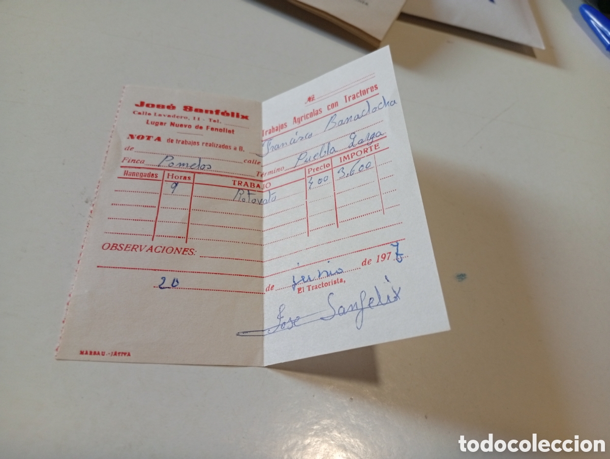 Facturas antiguas: Factura Jose Sanfelix trabajos agr&iacute;colas con tractores,fenollet Puebla larga 1977