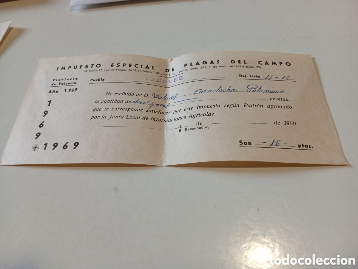 Facturas antiguas: Impuesto especial de plagas del campo, pueblo Genov&eacute;s 1969