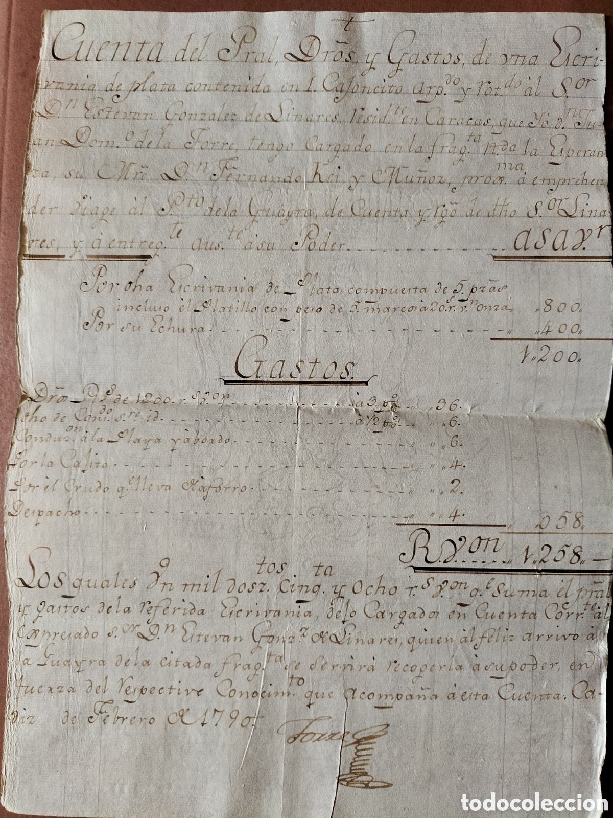 Facturas antiguas: Factura de Embarque. Escriban&iacute;a de Plata en la Fragata La Esperanza. 1790.