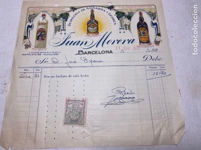 Facturas antiguas: Juan Morera. 1930. Barcelona. destileria de Anisados y Licores.