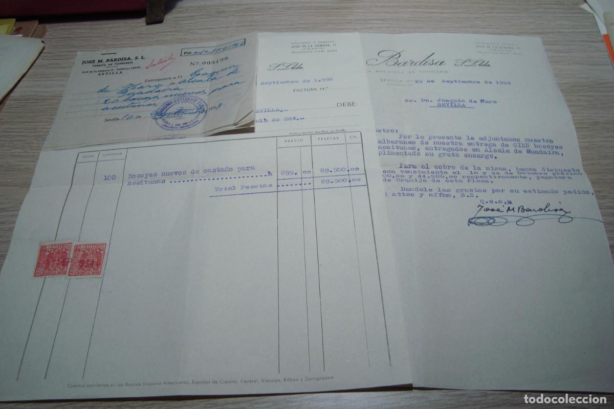 Facturas antiguas: ANTIGUA FACTURA RECIBOS CARTA COMERCIAL. JOSE M. BARDISA FABRICA TONELERIA. SEVILLA 1958
