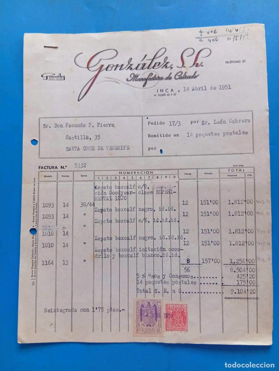 Facturas antiguas: FACTURA. INCA, MALLORCA. 1951. MANUFACTURA DE CALZADO. GONZALEZ S.L.