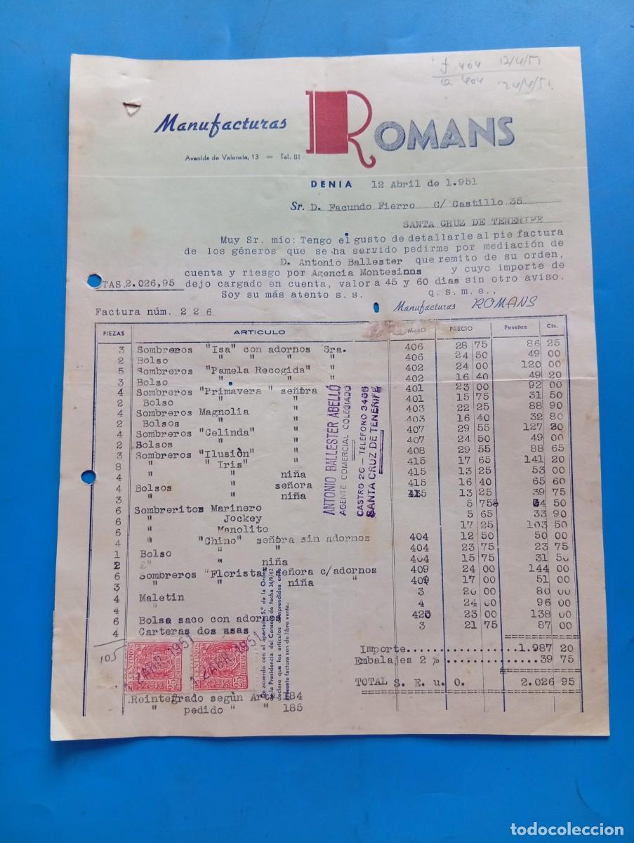 Facturas antiguas: FACTURA. DENIA, ALICANTE. 1951. MANUFACTURAS ROMANS.