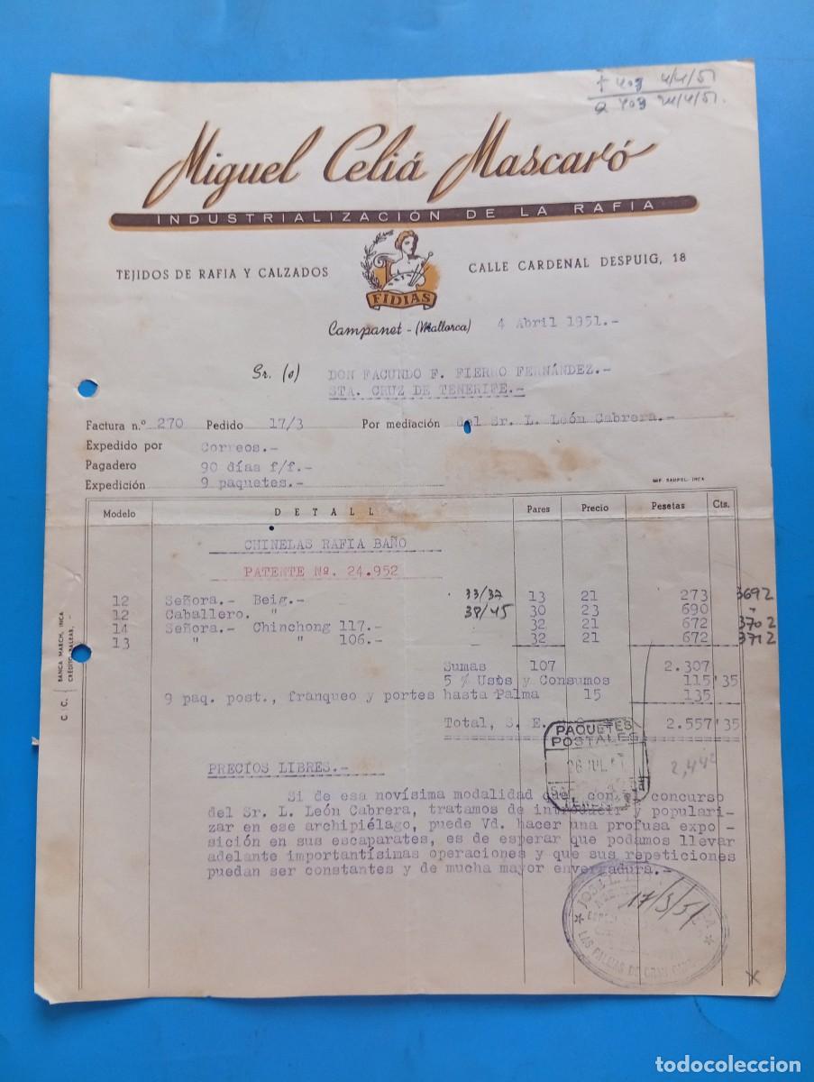 Facturas antiguas: FACTURA. CAMPANET, MALLORCA. 1952. INDUSTRIALIZACION DE LA RAFIA. MIGUEL CELI&Aacute; MASCAR&Oacute;.