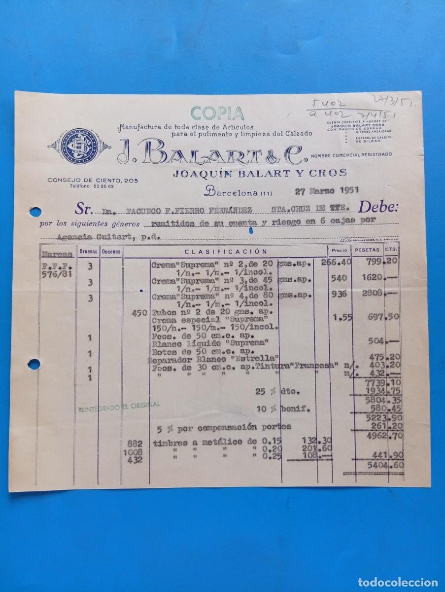 Facturas antiguas: FACTURA. BARCELONA. 1951. MANUFACTURAS DE ARTICULOS PULIMENTO- LIMPIEZA DE CALZADO. J. BALAR & C.