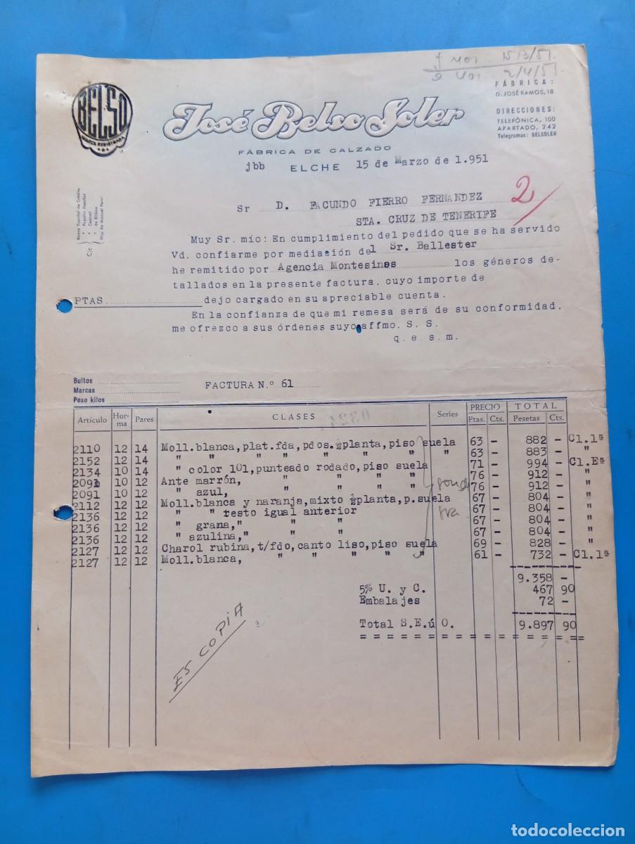 Facturas antiguas: FACTURA. ELCHE, ALICANTE. 1951. FABRICA DE CALZADO. JOSE BELSO SOLER.
