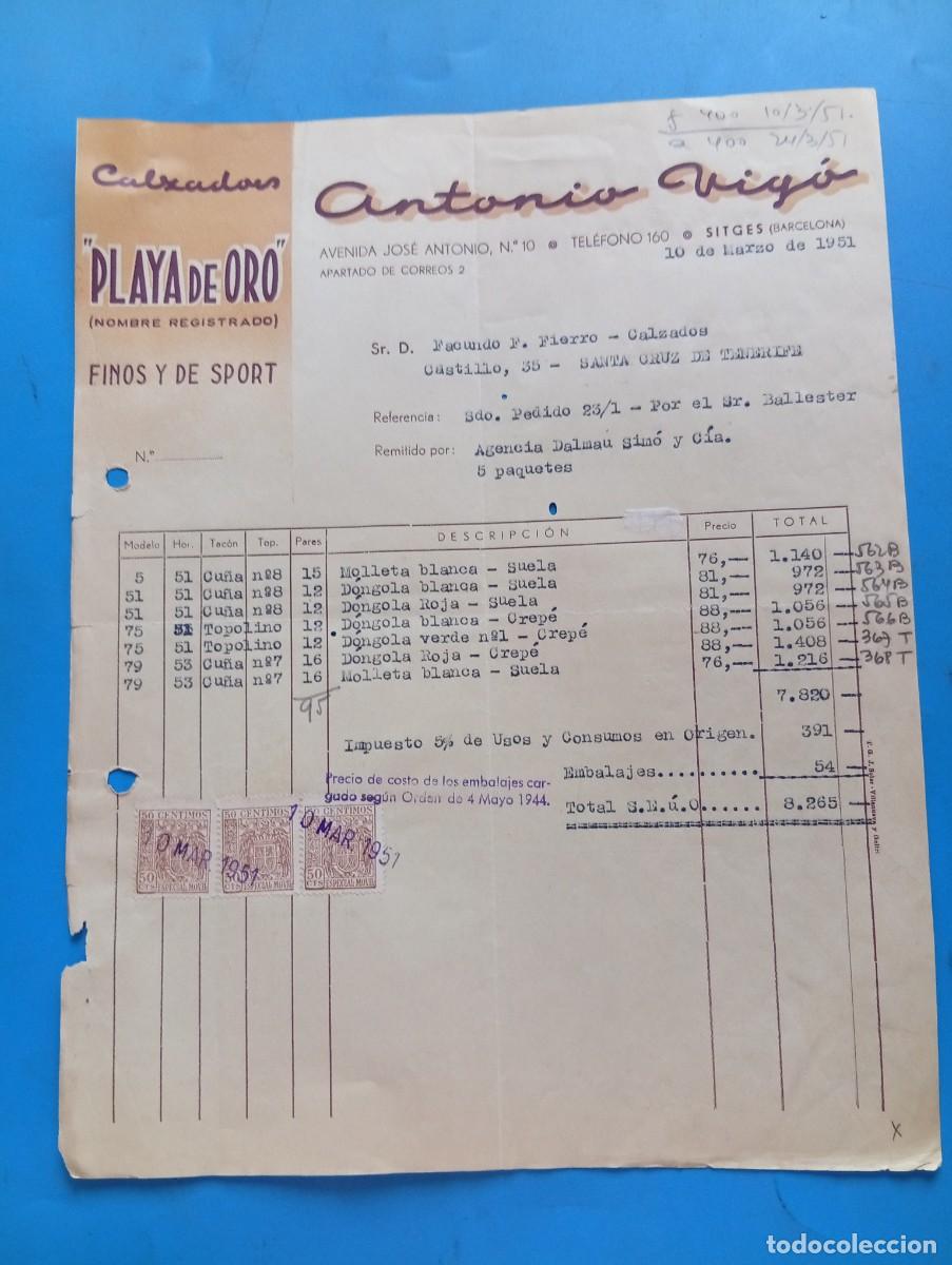 Facturas antiguas: FACTURA. SITGES, BARCELONA. 1951. CALZADOS &rdquo;PLAYA DE ORO&rdquo;. FINOS Y DE SPORT. ANTONIO VIGO.