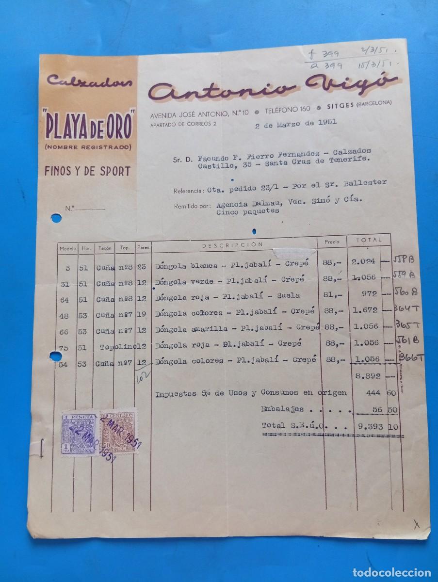 Facturas antiguas: FACTURA. SITGES, BARCELONA. 1951. CALZADOS &rdquo;PLAYA DE ORO&rdquo;. FINOS Y DE SPORT. ANTONIO VIGO.