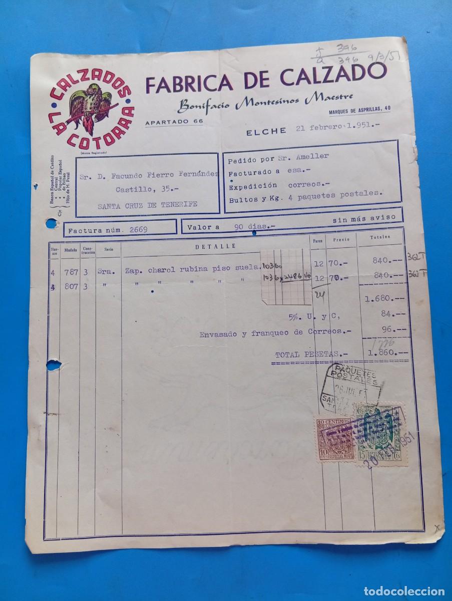 Facturas antiguas: FACTURA. ELCHE, ALICANTE. 1951. FABRICA DE CALZADO. CALZADOS LA COTORRA.BONIFACIO MONTESINOS MAESTRE