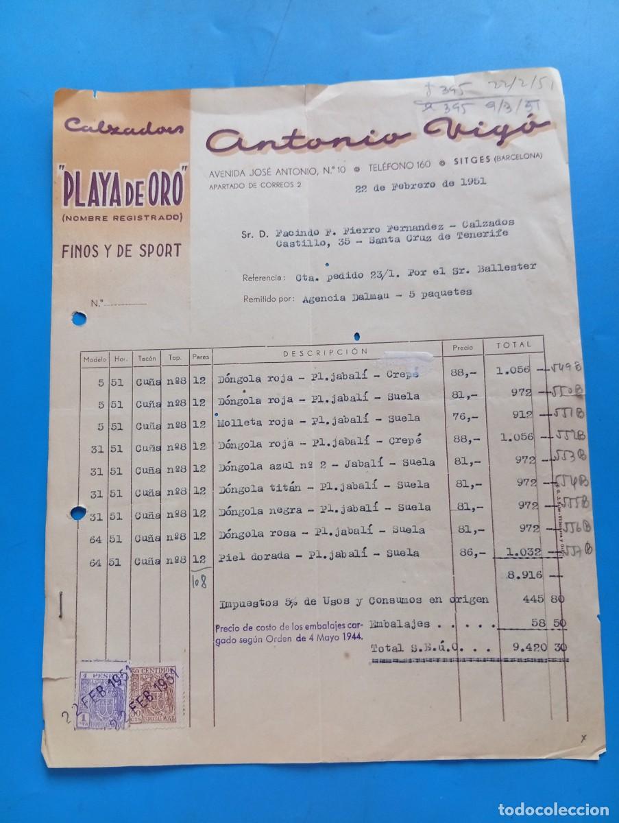 Facturas antiguas: FACTURA. SITGES, BARCELONA. 1951. CALZADOS &rdquo;PLAYA DE ORO&rdquo;. FINOS Y DE SPORT. ANTONIO VIGO.