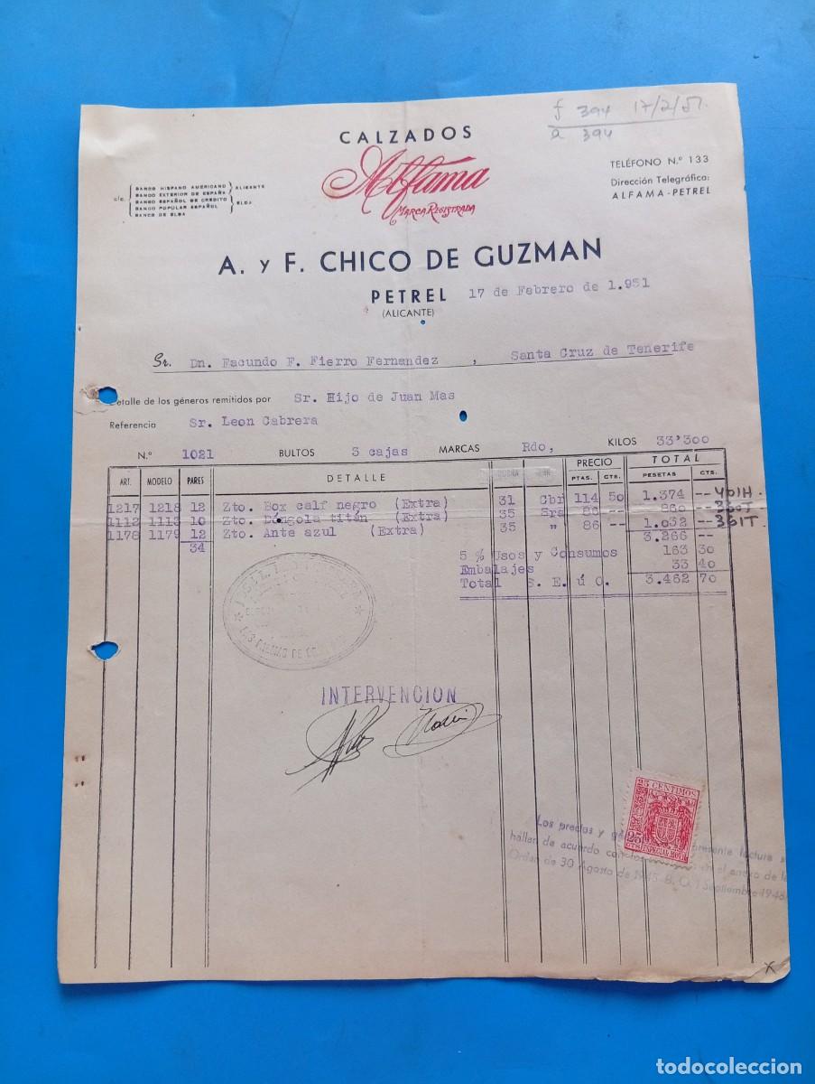 Facturas antiguas: FACTURA. PETREL, ALICANTE. 1951. CALZADOS ALFAMA. A. Y F. CHICO DE GUZMAN.