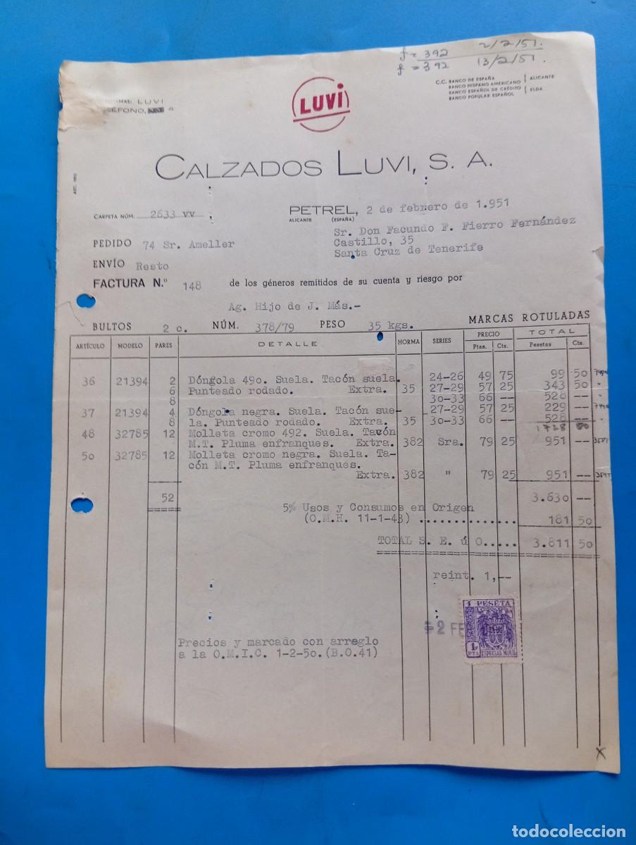 Facturas antiguas: FACTURA. PETREL, ALICANTE. 1951. LUVI. CALZADOS LUVI, S. A.