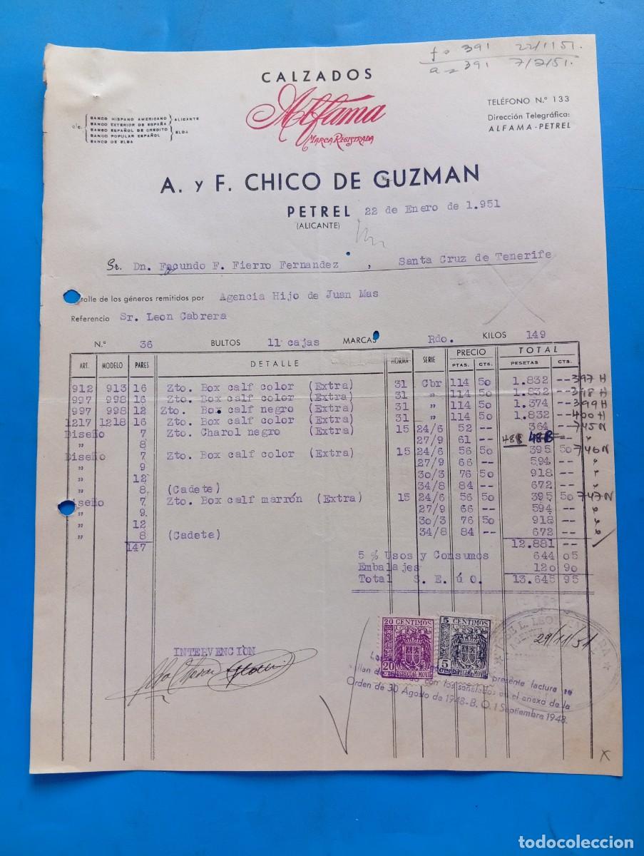 Facturas antiguas: FACTURA. PETREL, ALICANTE. 1951. CALZADOS ALFAMA. A. Y F. CHICO DE GUZMAN.