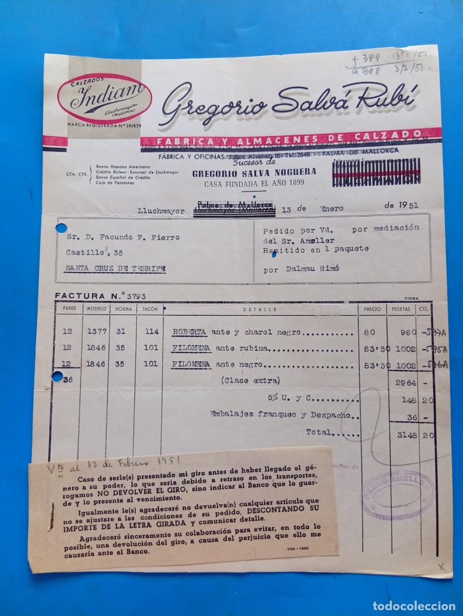 Facturas antiguas: FACTURA. LLUCHMAYOR, MALLORCA. 1951. FABRICA Y ALMACENES DE CALZADO. INDIAM. GREGORIO SALVA RUBI.